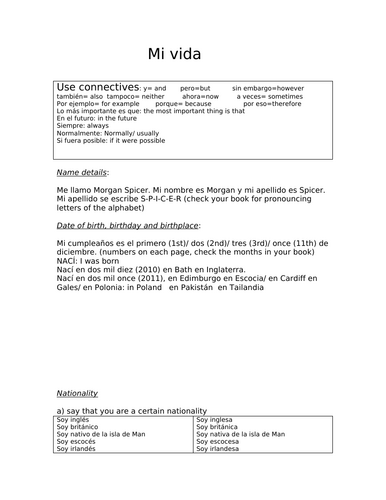 Mi vida - Revision of "autobiographical" details to write or talk about yourself, your family etc