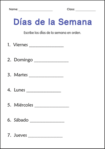 Days of The Week Worksheets in Spanish - Hojas de Trabajo de 7 Días de la Semana