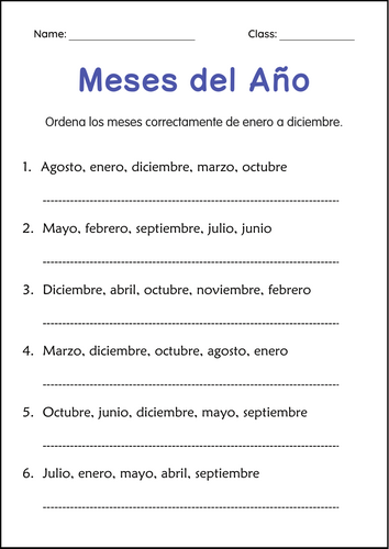 Months of the Year Worksheets in spanish - Hojas de Trabajo de los Meses del Año