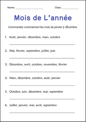 Months of the Year Worksheets in French - Mois de L’année Feuilles de Travail