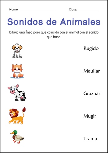 Sounds of Animals Worksheet in Spanish - Hojas de trabajo de Sonidos de animales