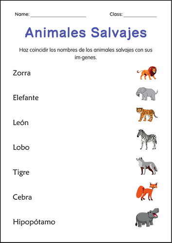 Wild Animals Worksheets in Spanish - Hojas de Trabajo de Animales Salvajes