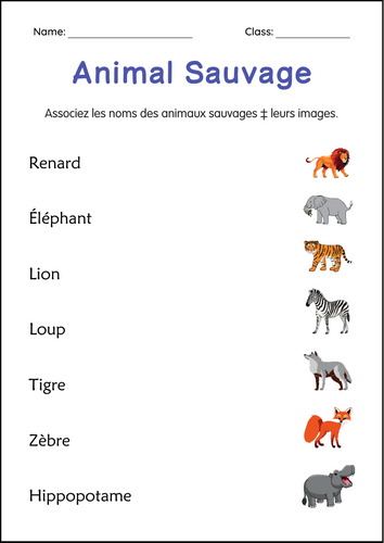 Wild Animals Worksheets in French - Feuilles de travail sur les animaux sauvages