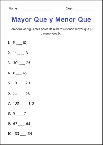 Greater Than Less Than Numbers Worksheets in Spanish - Mayor Que y Menor Que