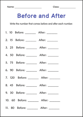 Printable Before and After Numbers 1 to 100 Math Worksheets - One More One Less
