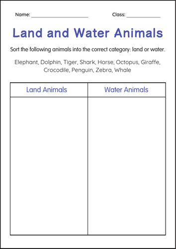Printable Land and Water Animals Activity Worksheets for Grade 2, 3, 4