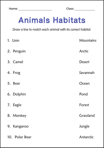 Printable Animals and Their Habitats Activity Worksheets Grade 2, 3, 4