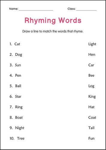 Printable Rhyming Words Activity Worksheets for Grade 2, 3, 4