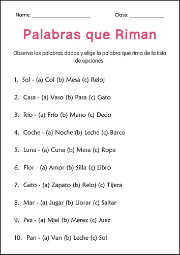 Rhyming Words Worksheets in Spanish - Hojas de Trabajo de Palabras que Riman