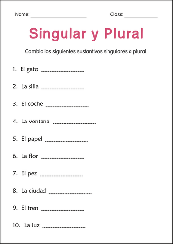Printable Singular and Plural Nouns Worksheets in Spanish for Grade 2, 3, 4