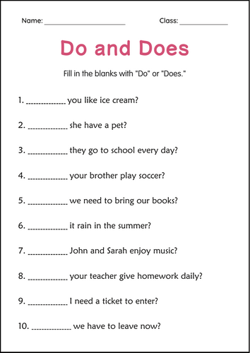Printable Beginner Do and Does Grammar Activity Worksheets for Grade 2, 3, 4