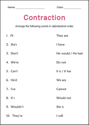 Printable Contractions Grammar Worksheets - Apostrophe Contraction for Grade 2