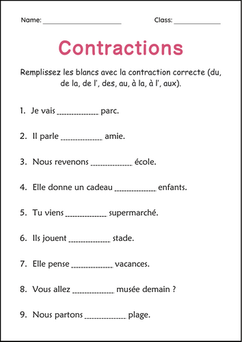 Contractions Worksheets in French - Feuilles de Travail sur les Contractions