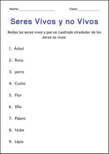 Living and Non Living Things Worksheets in Spanish - Seres Vivos y No Vivos
