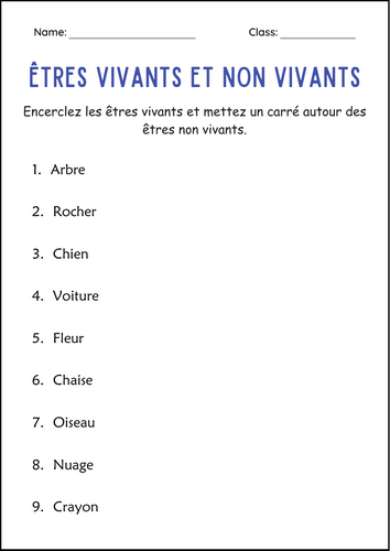 Living and Non Living Things Worksheets in French - Êtres Vivants et Non Vivants