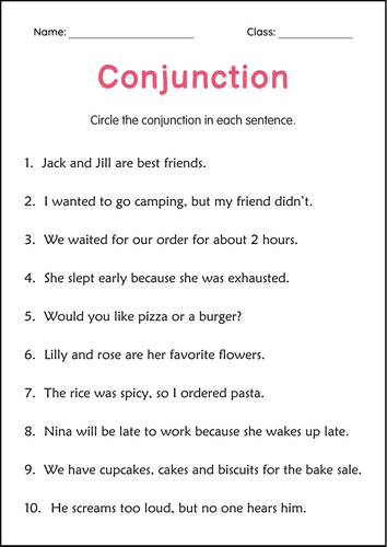 Printable Conjunction Grammar Activity Worksheets for Grade 2, 3, 4