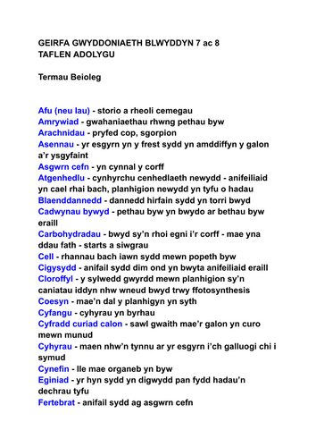 TAFLEN EIRFA GWYDDONIAETH BLWYDDYN 7: BIOLEG