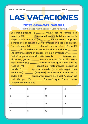 las vacaciones IGCSE grammar gap fill