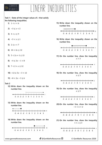 Linear Inequalities - Maths GCSE Foundation Worksheet