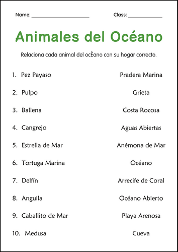 Ocean Animals Worksheets in Spanish - Hoja de Trabajo de Animales Oceánicos