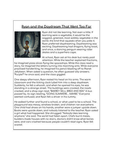 Key Stage 2 Comprehension & SPaG Ryan Daydream Story & Comprehension Worksheet
