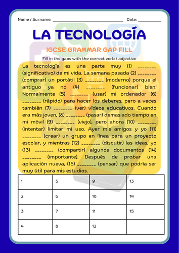 la tecnología IGCSE grammar gap fill