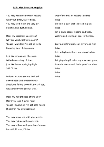 Y7 Poetry: Still I Rise by Maya Angelou