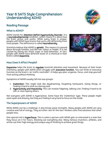 Year 6 SATS Style Comprehension - What is ADHD?