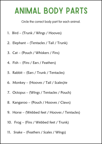 Printable Body Parts of Animals Activity Worksheets for Grade 2, 3, 4