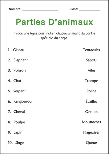 Body Parts of Animals Worksheets in French - Parties du Corps des Animaux