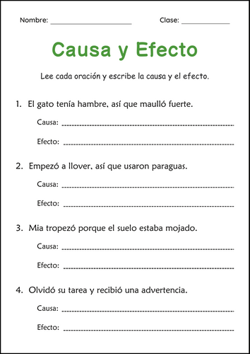 Cause and Effect Worksheets in Spanish - Hojas de Trabajo de Causa y Efecto