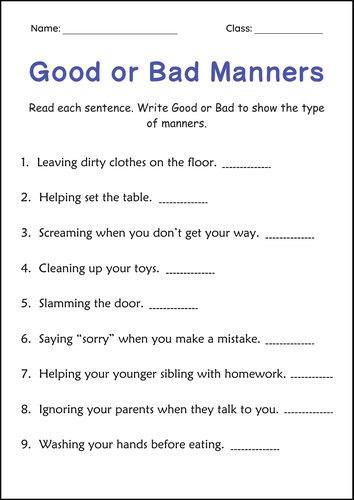 Printable Good and Bad Manners Activity Worksheets for Grade 2, 3, 4