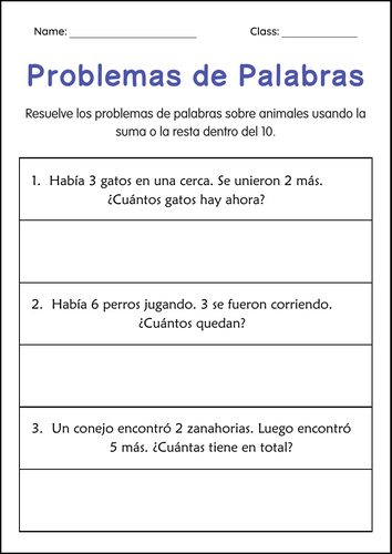 Addition and Subtraction Word Problems Within 10 Worksheets in Spanish