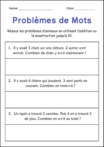 Addition and Subtraction Word Problems Within 10 Worksheets in French