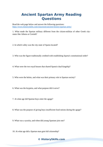 Ancient Spartan Army Reading Comprehension Worksheet