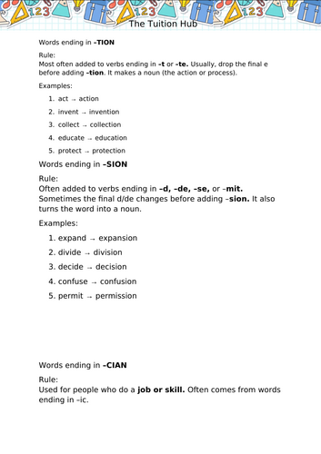 SATs Spellings - tion - sion - cian