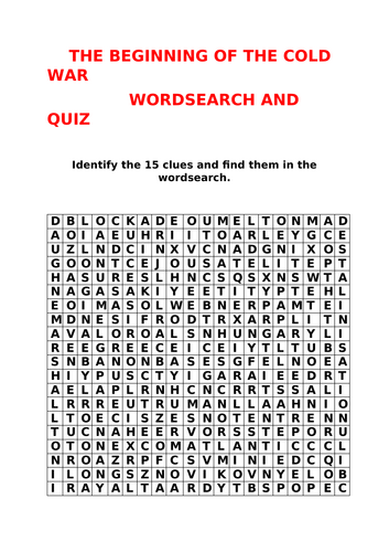 GCSE WORDSEARCH AND QUIZ ACTIVITY THE BEGINNING OF THE COLD WAR