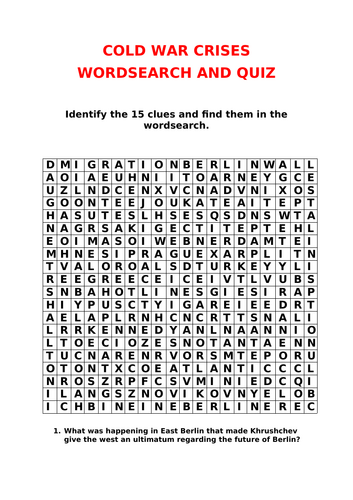 GCSE WORD SEARCH AND QUIZ 3 COLD WAR CRISES