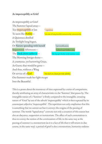 "As Imperceptibly as Grief" (Emily Dickenson) GCSE ENGLISH LITERATURE analysis