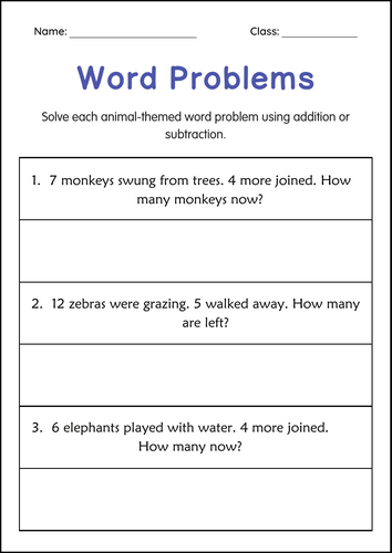 Addition and Subtraction Word Problems Within 20 Worksheets for Grade 1, 2, 3