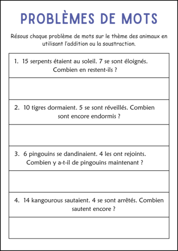 Addition and Subtraction Word Problems Within 20 Worksheet in French for Grade 2