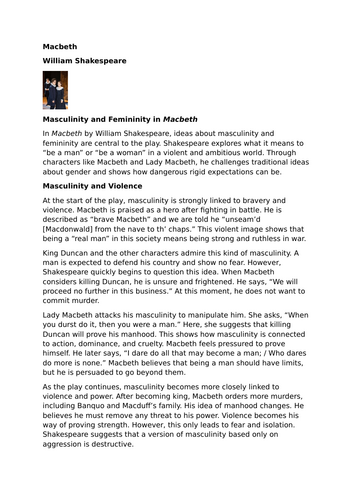 Macbeth – William Shakespeare – Masculinity and Femininity