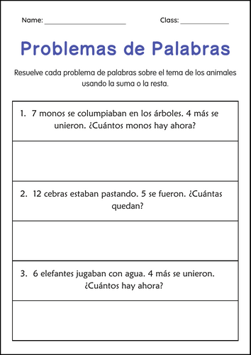 Addition and Subtraction Word Problems Within 20 Worksheets in Spanish