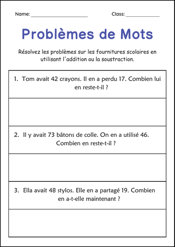 Addition and Subtraction Word Problems Within 100 Worksheets in French