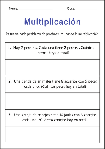 Division and Multiplication Word Problems Math Worksheets in Spanish for Grade 2