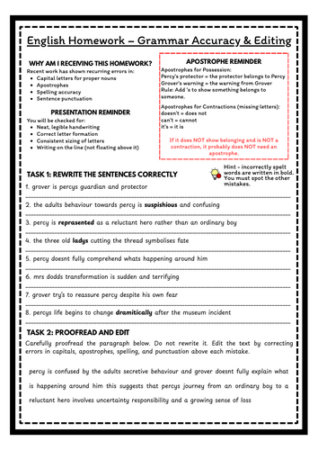 Year 7 Percy Jackson Grammar Homework (Editing & Proofreading)