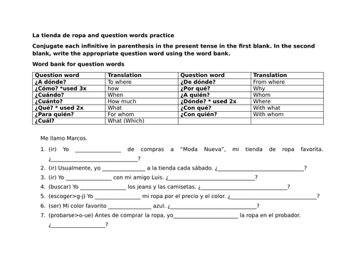 La tienda de ropa and question words practice