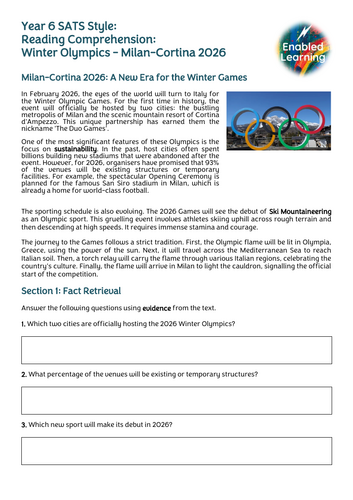 Year 6 SATS Style Comprehension - Winter Olympics 2026