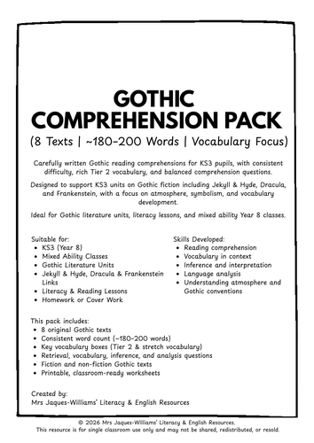 KS3 Gothic Comprehension Pack (Year 8) – 8 Texts, Jekyll & Hyde, Dracula & Frankenstein Links