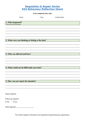 KS2 Restorative Reflection Sheet